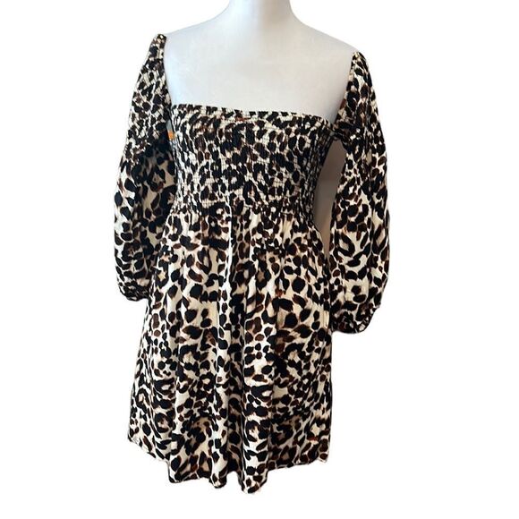 Socialite beautiful leopard print off the shoulder mini dress gathered bodice - Picture 1 of 12